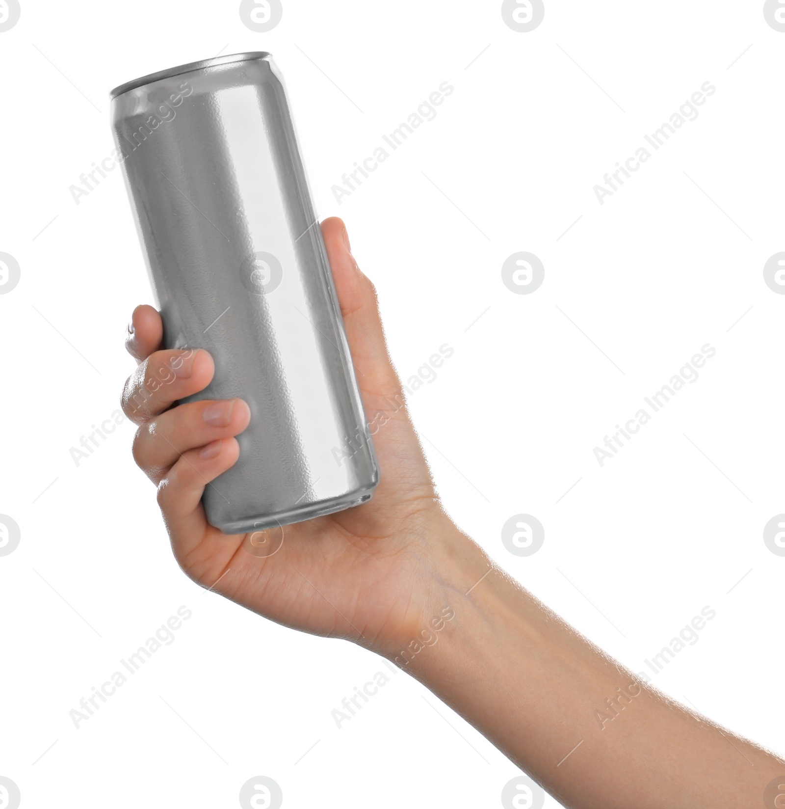 Photo of Woman holding aluminum can with beverage on white background