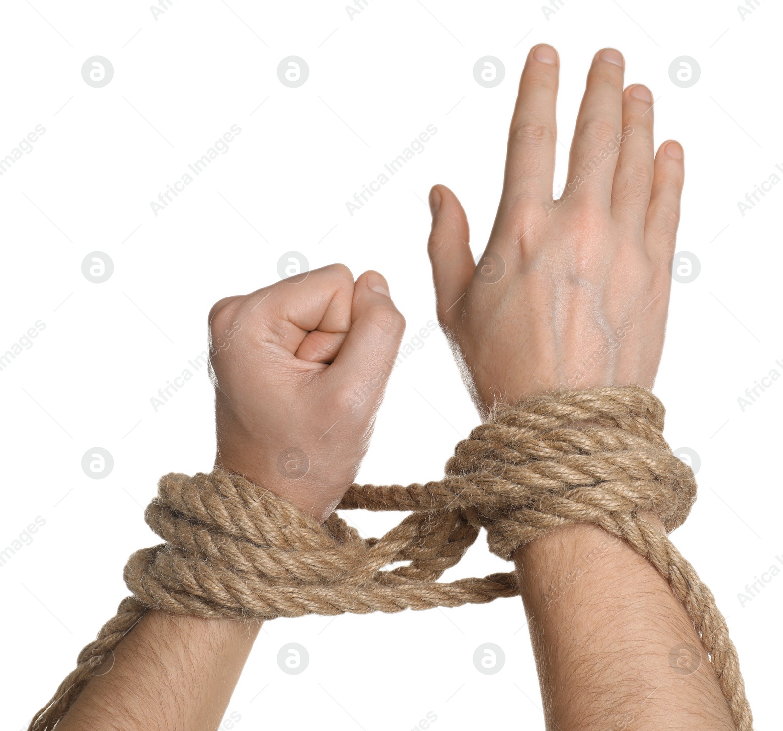 Photo of Freedom concept. Man with tied arms on white background, closeup