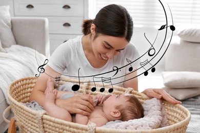 Mother singing lullaby to her baby at home. Illustration of flying music notes around woman and child