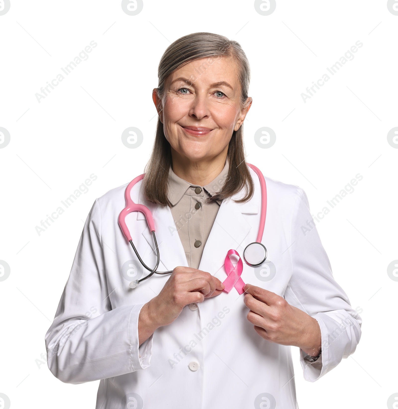 Photo of Mammologist with pink ribbon on white background. Breast cancer awareness