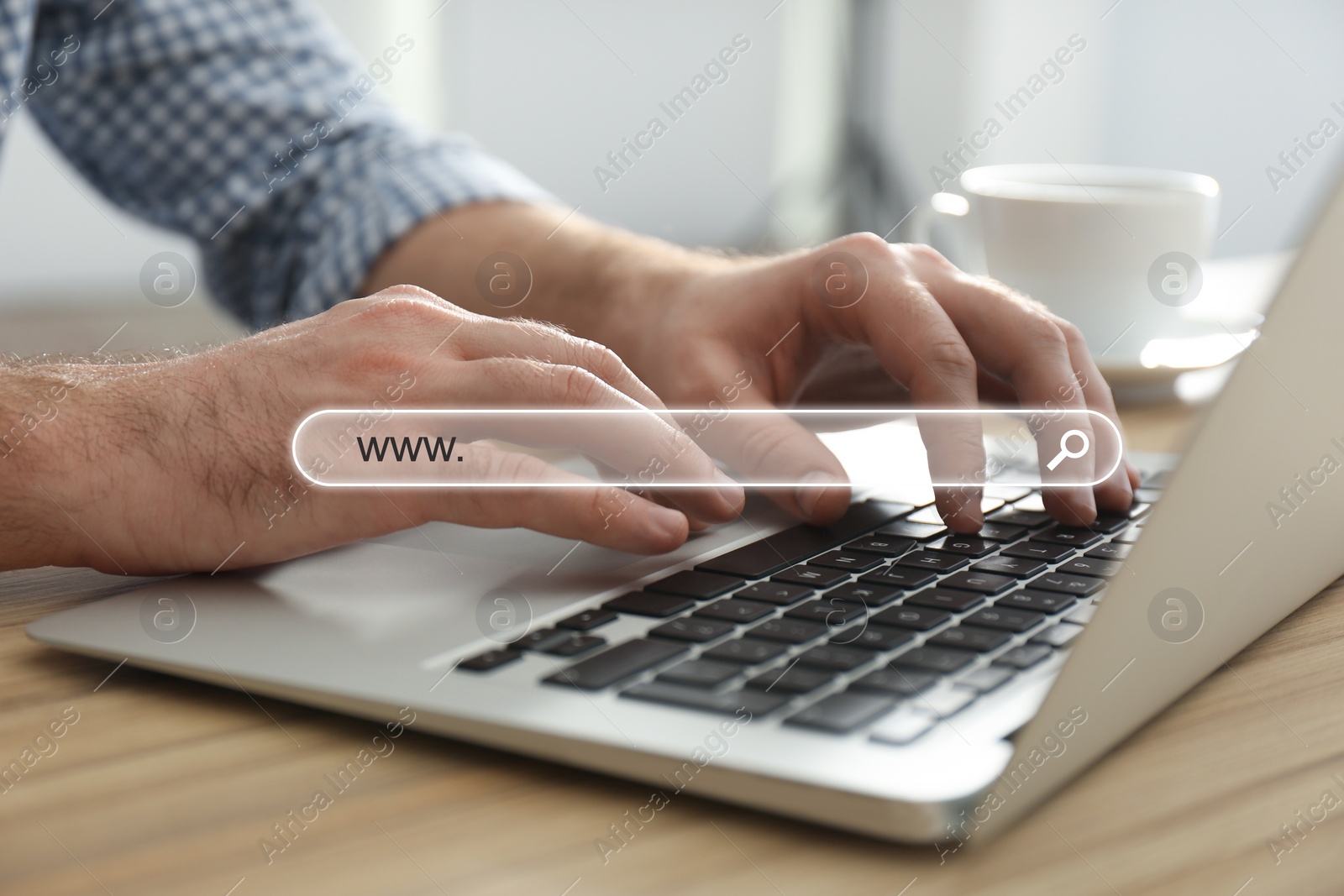 Image of Search bar of website and man working with modern laptop indoors, closeup