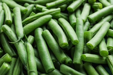 Photo of Delicious fresh green beans as background, closeup