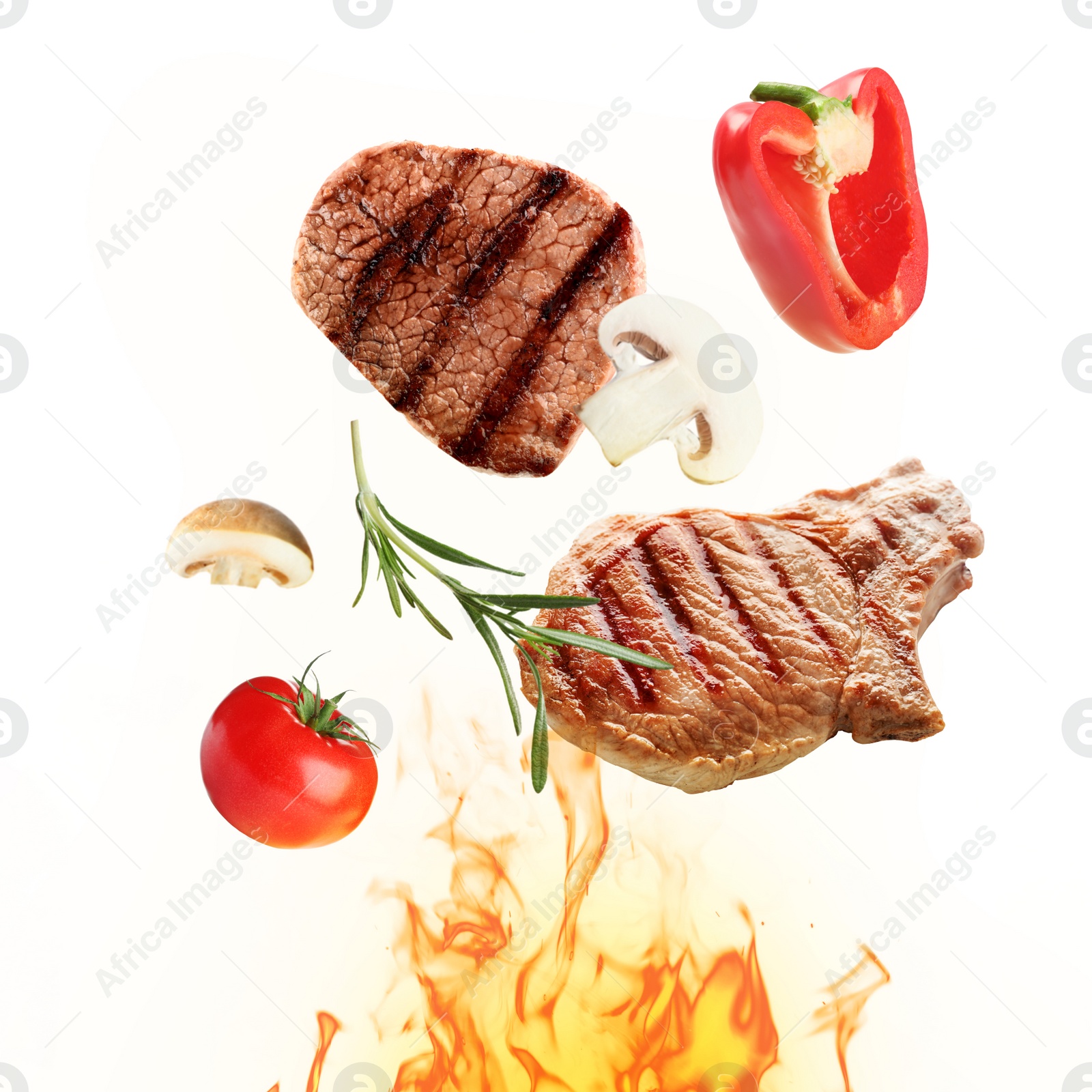 Image of Tasty grilled meat, different vegetables and fire flame on white background