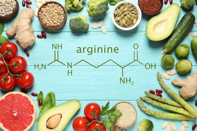 Frame of fresh vegetables, fruits and seeds on blue wooden table, flat lay. Sources of essential amino acids 