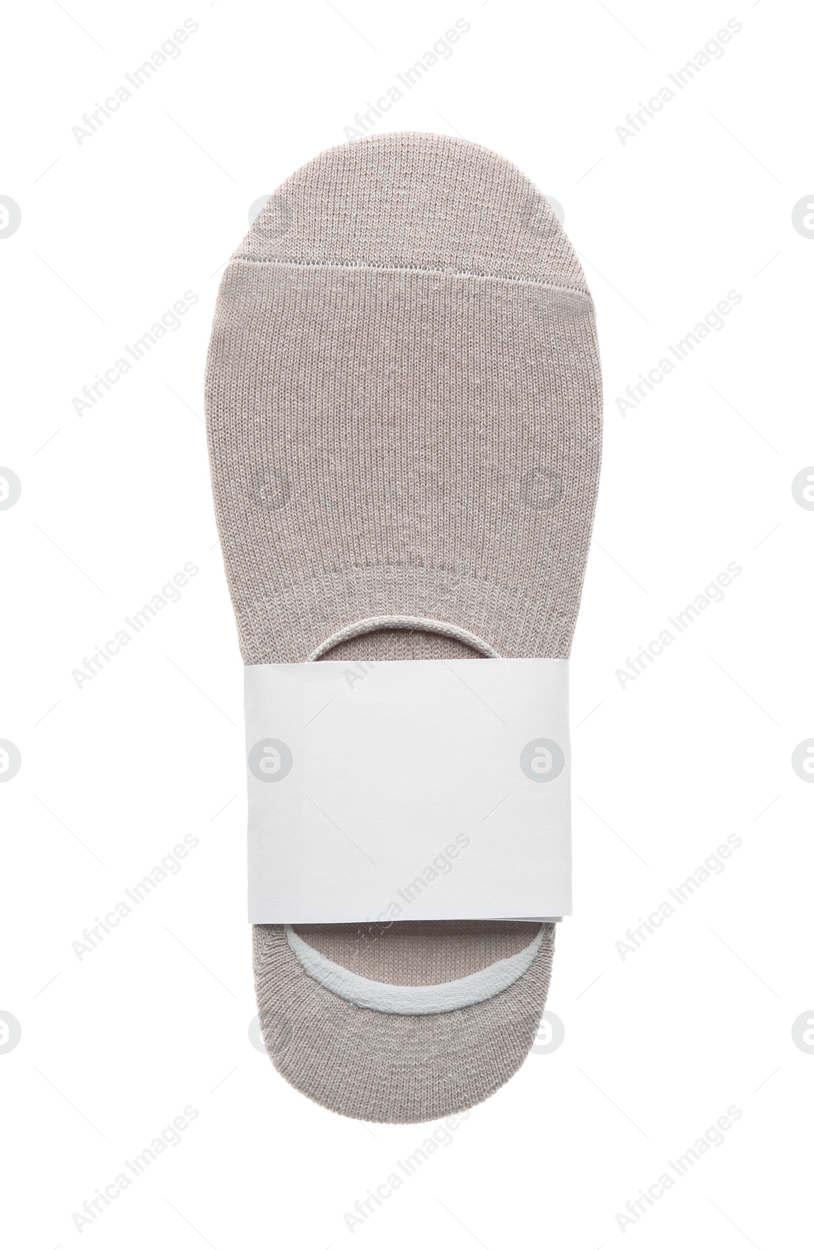 Photo of New pair of beige socks on white background