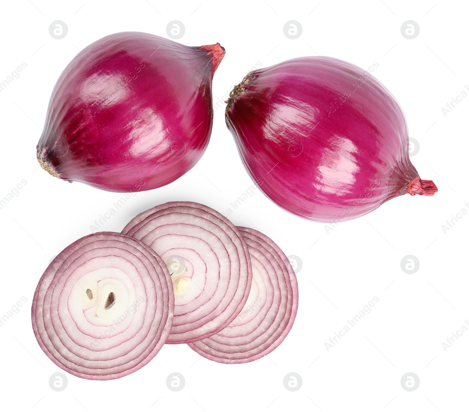 Photo of Fresh whole and cut red onions on white background, top view