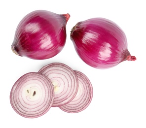 Photo of Fresh whole and cut red onions on white background, top view