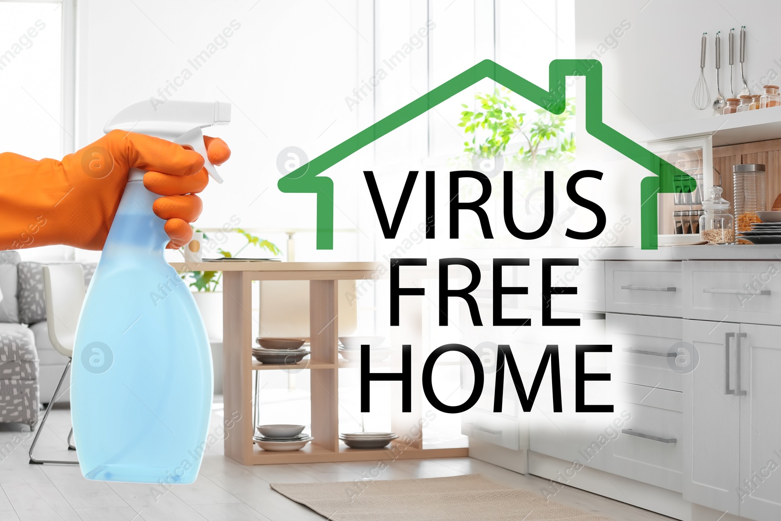 Image of Keep your home virus-free. Woman cleaning kitchen with disinfecting solution 