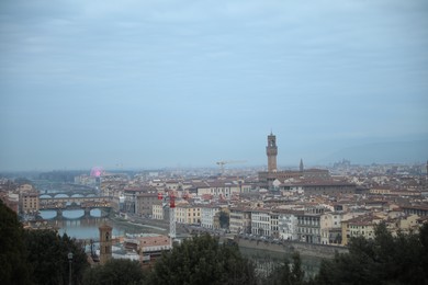 Florence, Italy - February 8, 2024: Picturesque view of city with beautiful buildings under sky