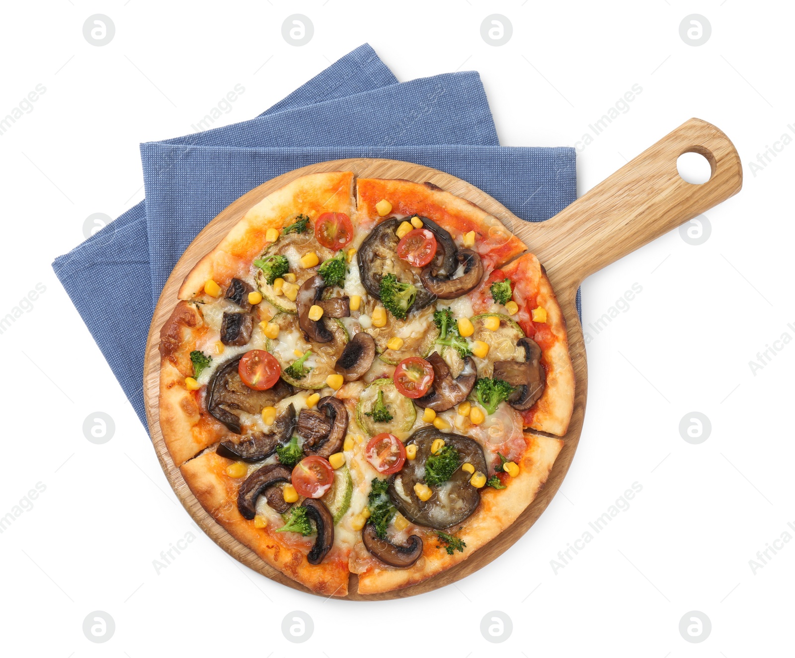 Photo of Delicious vegetarian pizza with mushrooms and vegetables isolated on white, top view