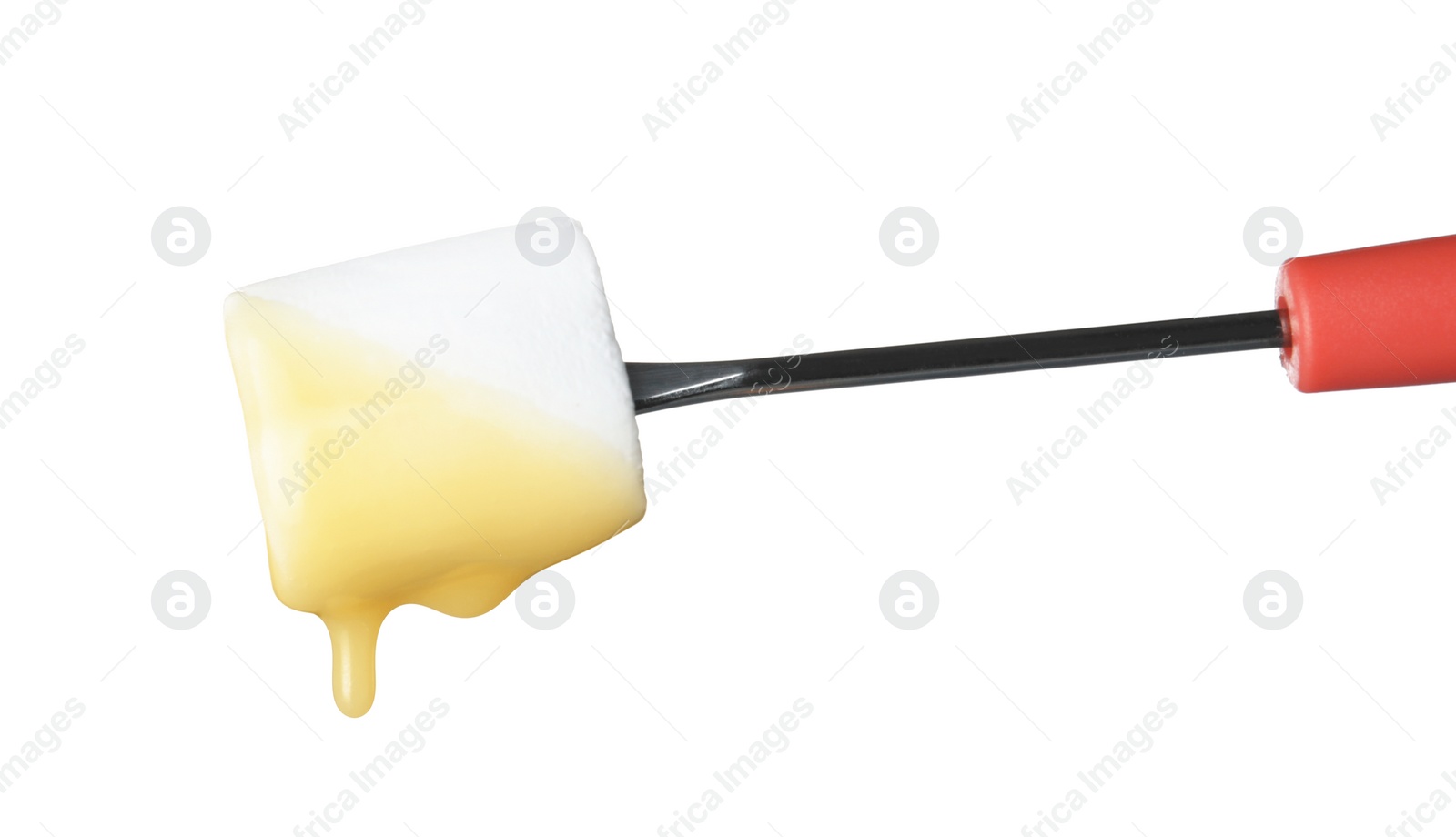 Photo of Marshmallow with chocolate on fondue fork against white background