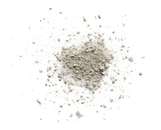 Photo of Pile of light dust scattered on white background, top view