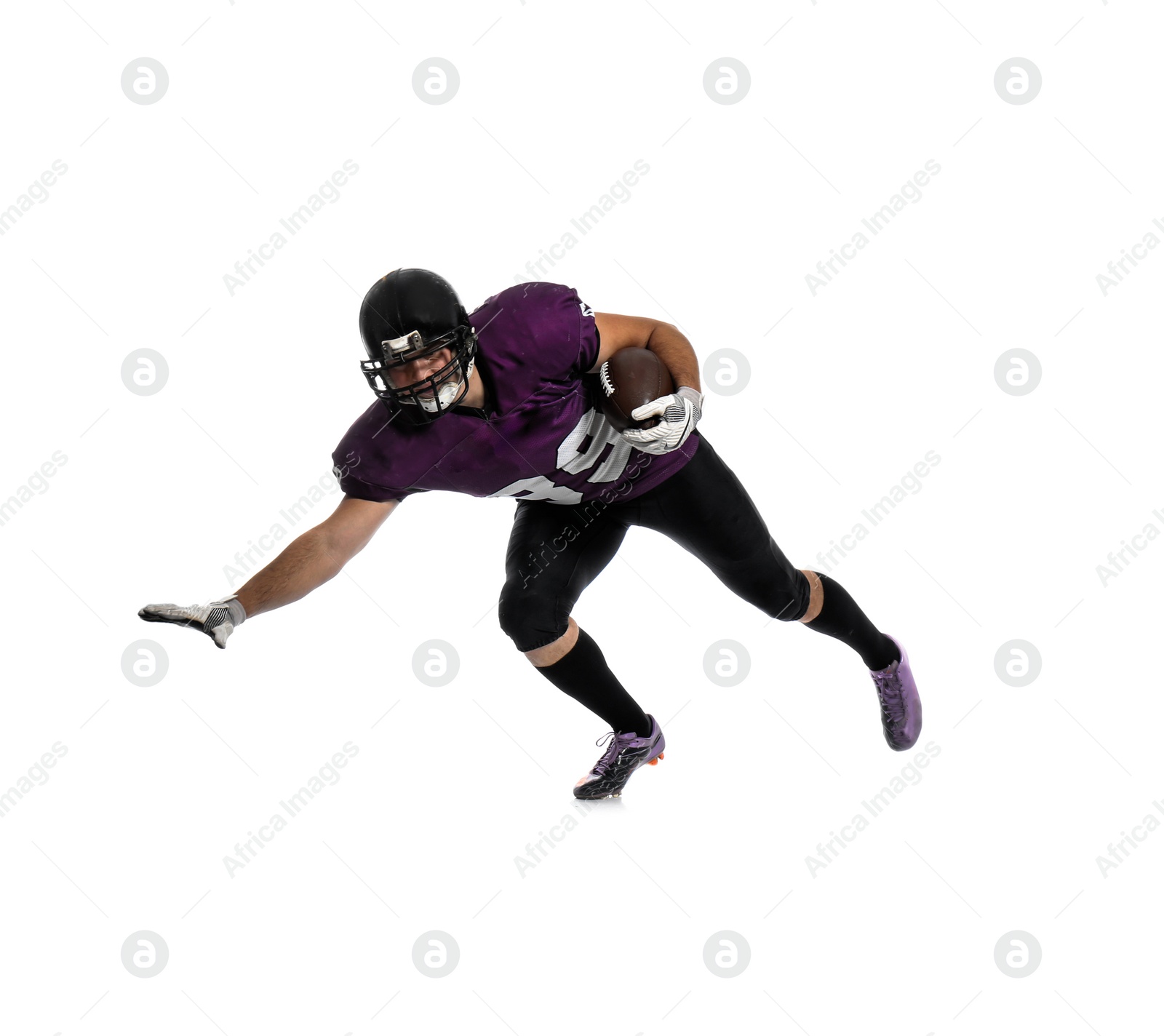 Photo of American football player with ball on white background