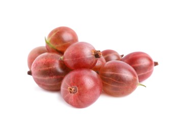 Pile of fresh ripe gooseberries on white background