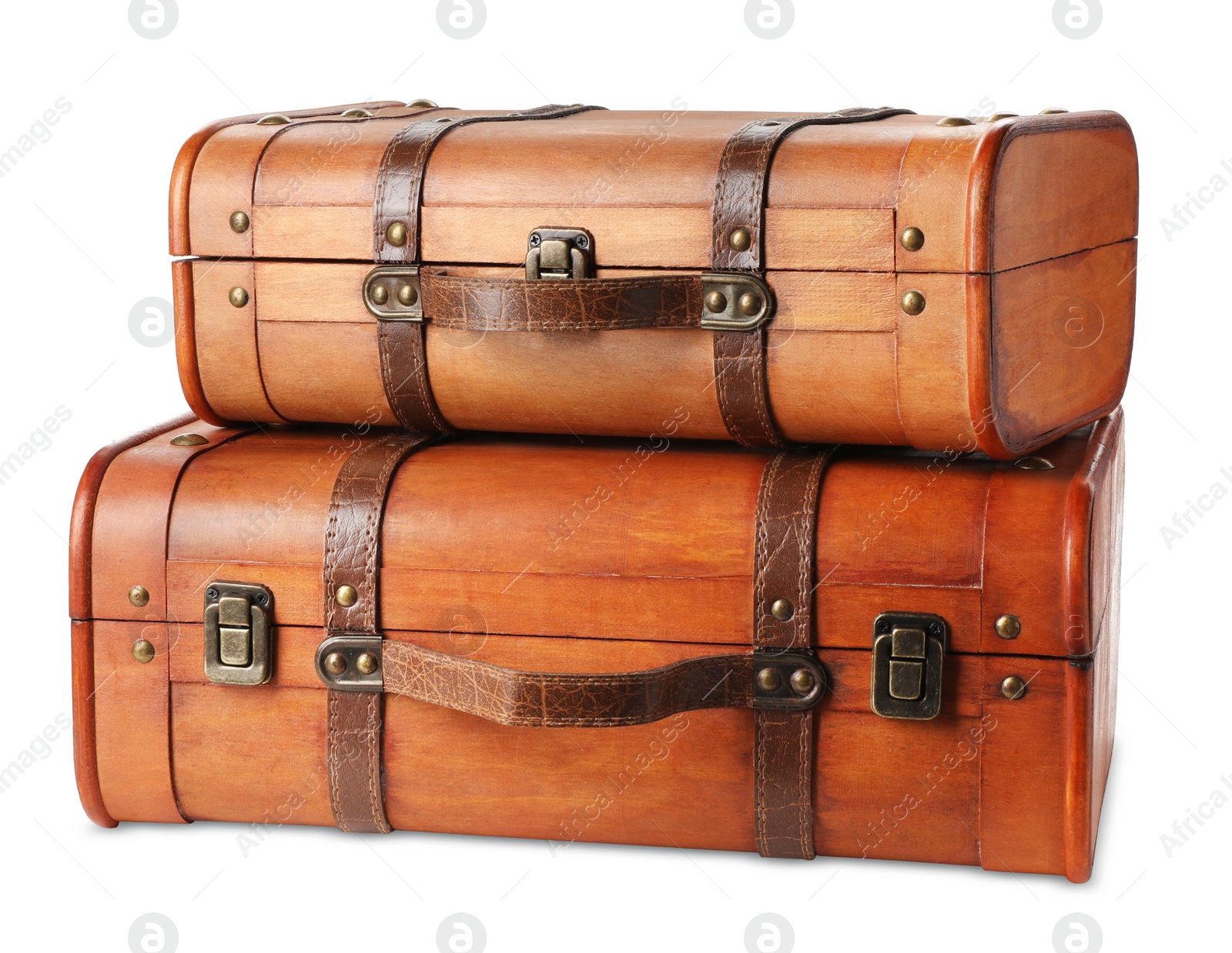 Photo of Beautiful brown vintage suitcases on white background