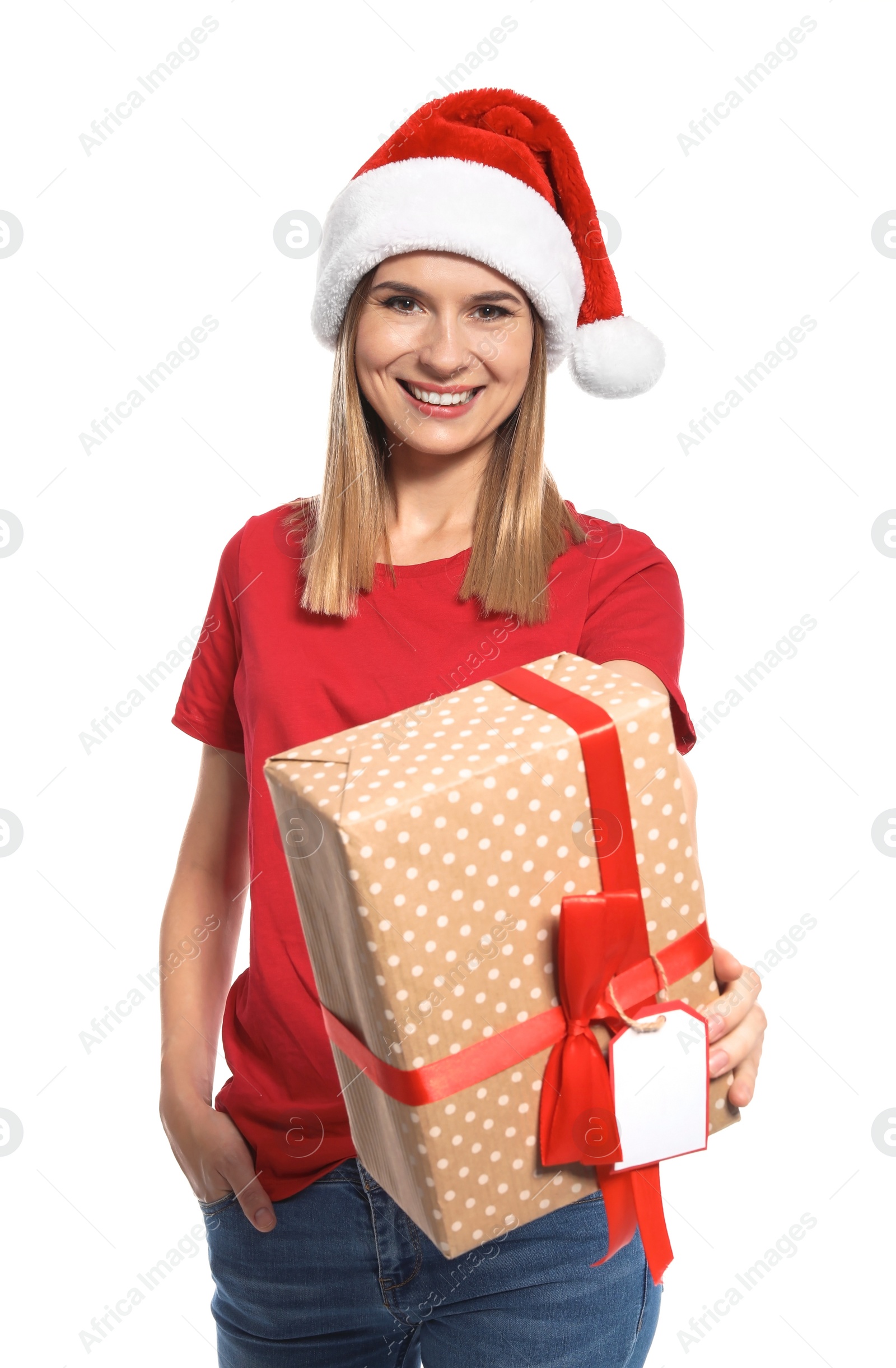 Photo of Young woman with Christmas gift on white background