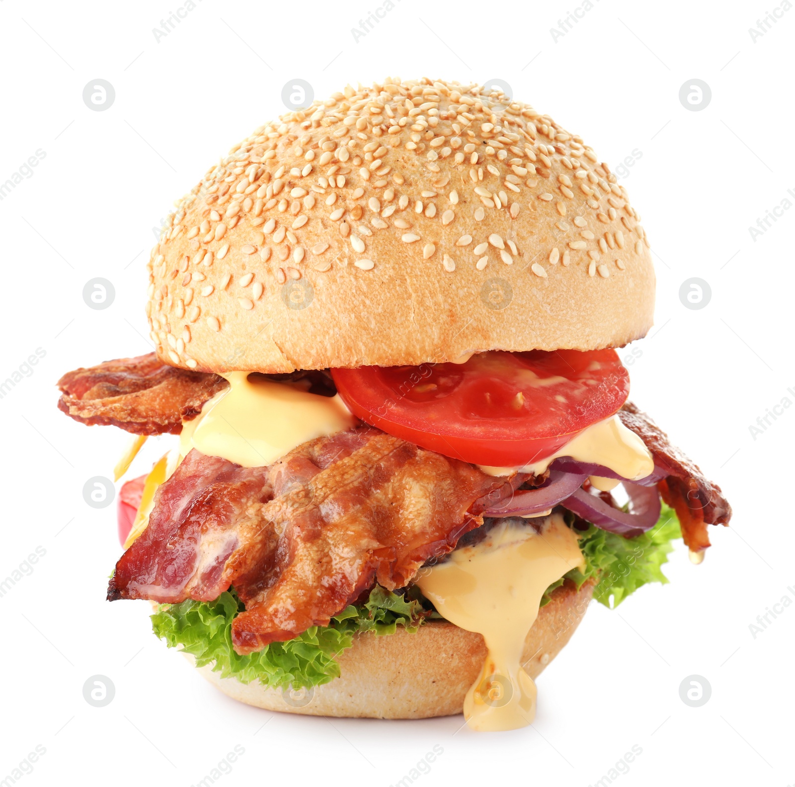 Image of Tasty burger with bacon on white background