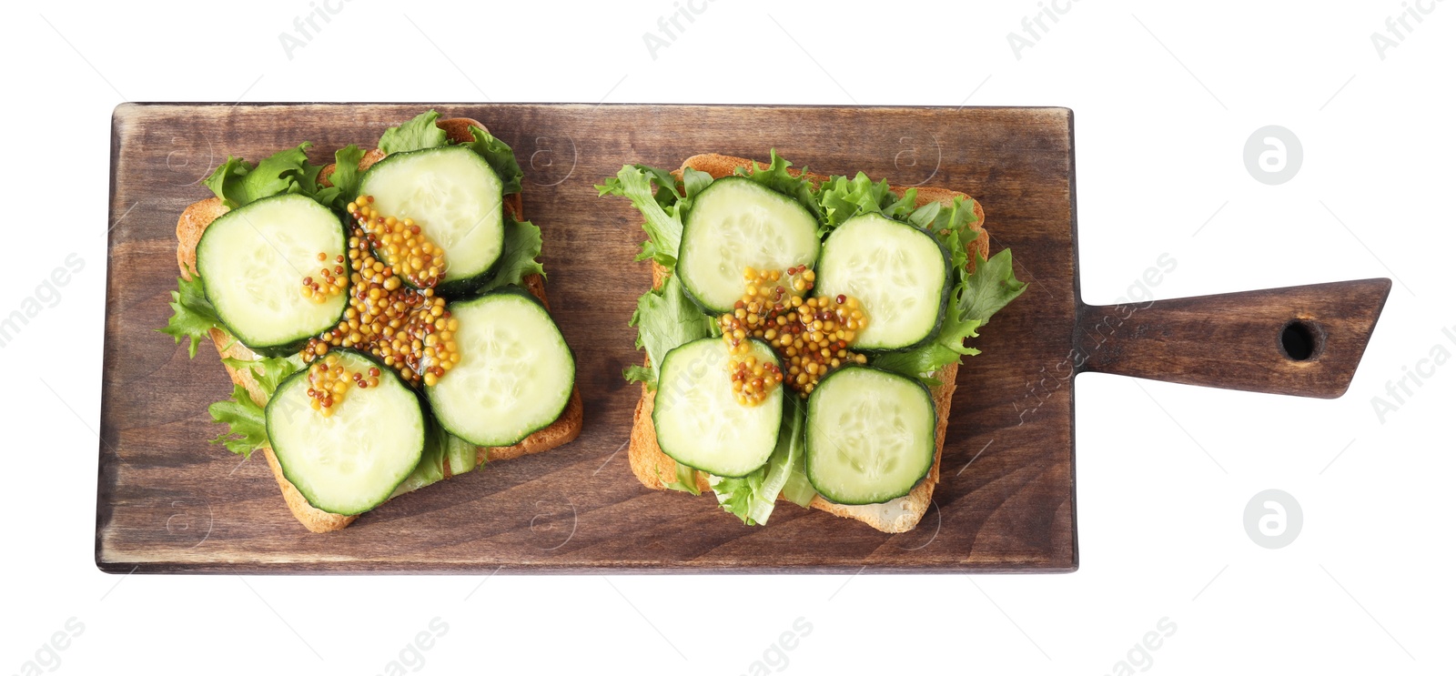 Photo of Tasty cucumber sandwiches with arugula and mustard on white background, top view