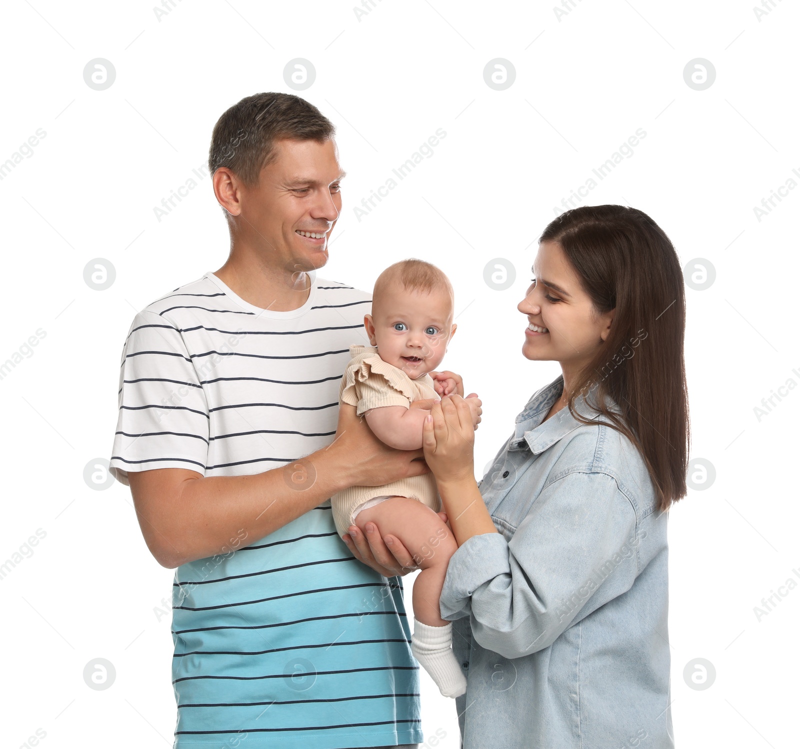 Photo of Portrait of happy family with their cute baby on white background