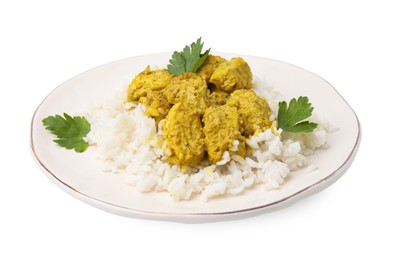 Photo of Delicious rice and chicken with curry sauce isolated on white