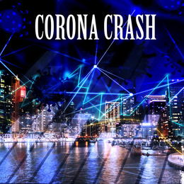 Image of Text CORONA CRASH and cityscape  on background