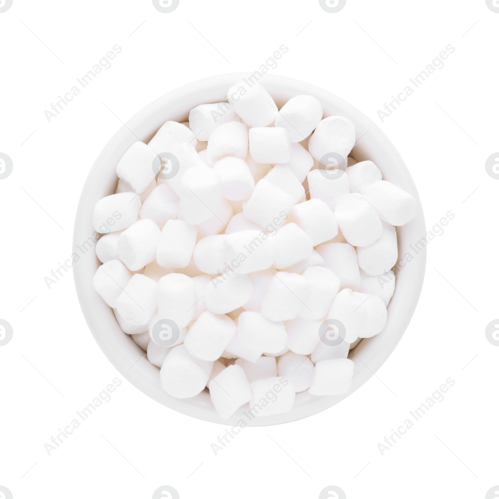 Photo of Bowl of delicious puffy marshmallows isolated on white, top view