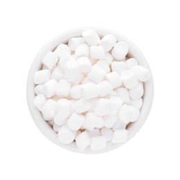 Photo of Bowl of delicious puffy marshmallows isolated on white, top view