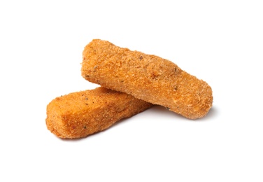 Photo of Tasty crispy cheese sticks isolated on white