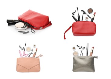 Image of Cosmetic bags with eyelash curlers and makeup products on white background, collage