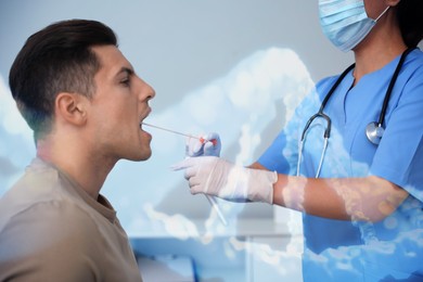 Image of Double exposure of doctor taking sample for genetic testing from man in clinic and illustration of DNA structure