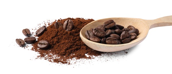 Photo of Wooden spoon of beans and ground coffee on white background