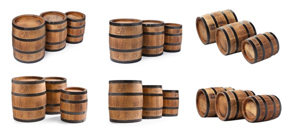 Image of Collage with wooden barrels on white background