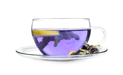 Photo of Glass cup of organic blue Anchan with lemon on white background. Herbal tea