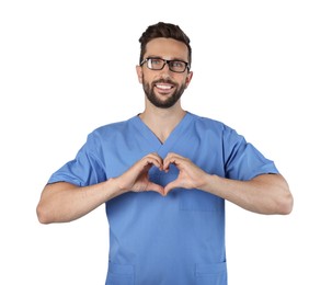 Photo of Doctor making heart with hands on white background
