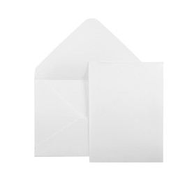 Photo of Simple paper envelope with blank card on white background, top view