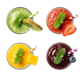 Image of Set with different tasty smoothies on white background, top view