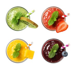 Image of Set with different tasty smoothies on white background, top view