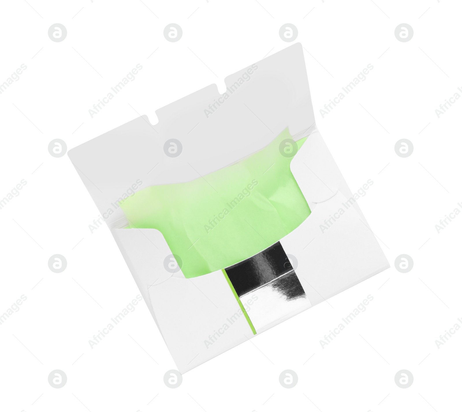 Photo of Package of facial oil blotting tissues isolated on white, top view. Mattifying wipes