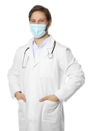 Photo of Doctor or medical assistant (male nurse) with protective mask and stethoscope on white background