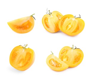 Image of Set with fresh ripe yellow tomatoes on white background