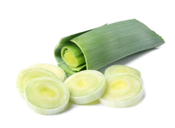 Photo of Fresh raw leek on white background. Ripe onion