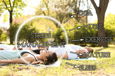 Image of Stress management techniques. Group of people practicing yoga in park