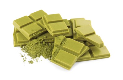 Photo of Pieces of tasty matcha chocolate bar and powder isolated on white