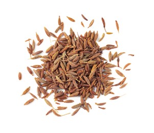 Photo of Heap of aromatic caraway (Persian cumin) seeds isolated on white, top view