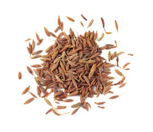 Photo of Heap of aromatic caraway (Persian cumin) seeds isolated on white, top view