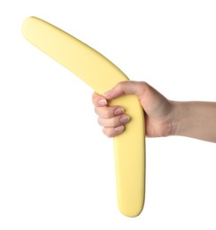 Photo of Woman holding yellow boomerang on white background, closeup