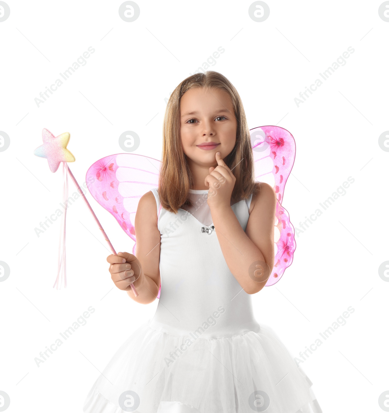 Photo of Cute little girl in fairy costume with pink wings and magic wand on white background