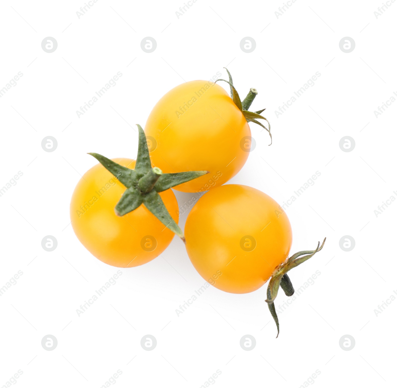 Photo of Ripe yellow cherry tomatoes on white background, top view