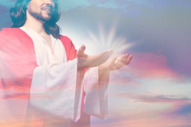 Image of Double exposure of Jesus Christ and beautiful sky 