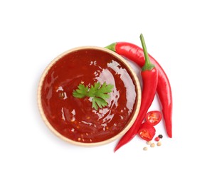 Photo of Spicy chili sauce on white background, top view